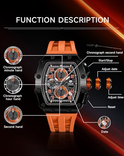 Image of TSAR BOMBA Men's Luxury Quartz Watch, Luminous Dial 5ATM Water Resistance Silicone Strap Men's Wristwatch Ideal Gift for Men