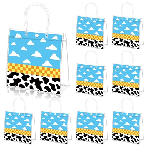 Wood Homing 24PCS Cartoon Story PVC Clear Gift Bag with Handle Blue Sky White Cloud Cow Reusable Plastic Party Favor Bags for Kids Toy Inspire Game Themed Goodie Bags Baby Shower Birthday Decoration