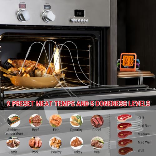 Image of TempPro 650 ft Bluetooth Meat Thermometer with 4 Color-Coded Probes, Wireless Meat Thermometer Digital Wireless with Timer, Commercial Cooking Tools & Utensils Rechargeable for Smoker Oven