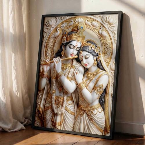 Image of CRAFTLYN Hindu God Wall Art WALL ART Prints Framed Spiritual Religious Paintings for Living Room, Pooja Room, Bedroom, Office, Meditation Room, Home Decor (Radha krishna 2, 19 X25, Black)