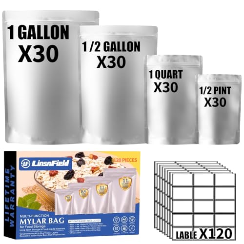 LinsnField 120PCS Mylar Bag Bundle, 4 Multi-Size Pouches(11Mil), 120 Labels, Heat Sealable, Food Safe, BPA-Free – for Strong, Secure Long Term Food Storage, Silver