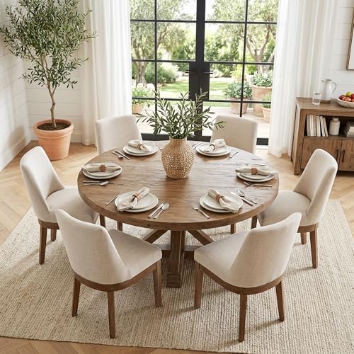 Image of HNY Modern Dining Chairs Set of 4 with Comfortable Back Support, Farmhouse Soft Linen Upholstered Kitchen Dining Room Chairs with Solid Wood Legs, Armless Accent Side Chairs for Living Room, Beige