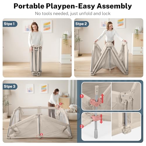 Image of Baby Playpen Portable, Pre-Assembled Play Pen 59x59 Large Foldable Playpen for Babies and Toddlers, Sturdy and Safe Toddler Play Yard Indoor Outdoor with Carry Bag,Khaki
