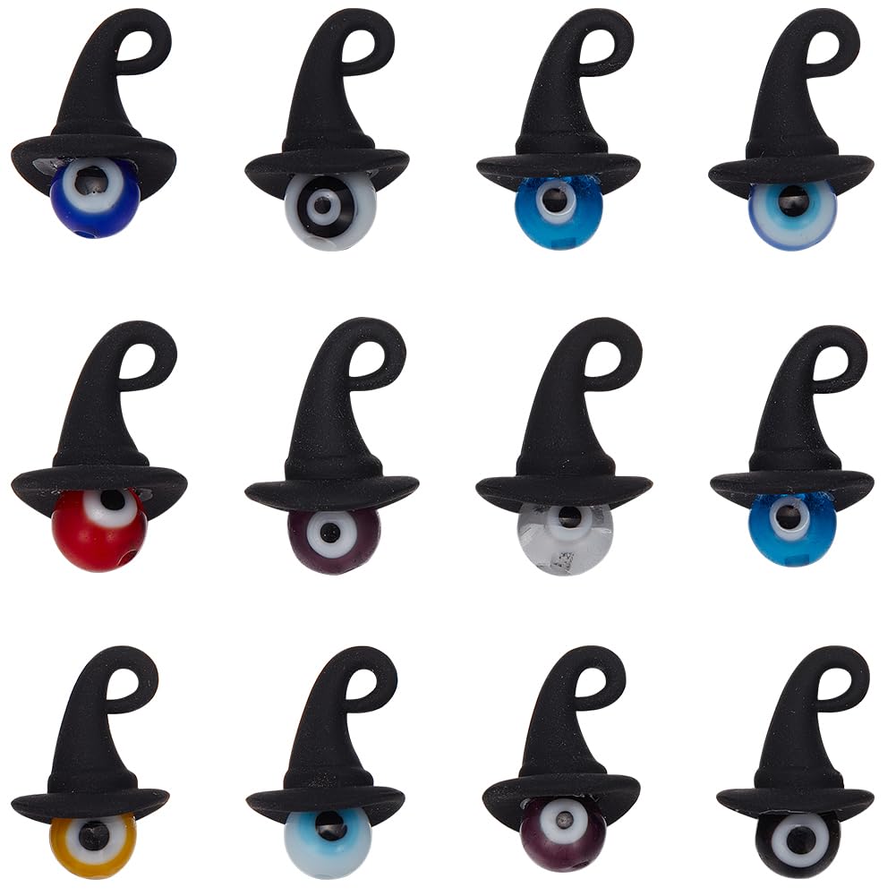 SUNNYCLUE 1 Box 40pcs Witch Hat Halloween Charms Bulk Gothic Charm Black 3D Fairy Magic Cap Wizard Hats Mini Lampwork Round Holiday for jewellery Making Necklace Earring Adults — image 1