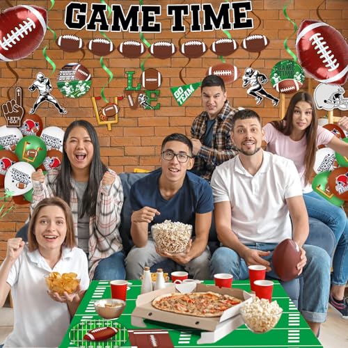 Football Party Supplies Kit Football Party Decorations - Includes Plates, Napkins, Cups, Banner, Hanging Swirl, Football Balloons, Tablecloth for Football Birthday Party Football Game Day, Serve 25 - Thumbnail 6