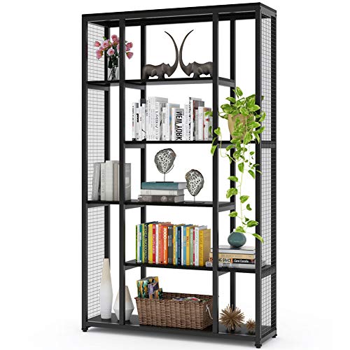 Tribesigns Bookcase Bookshelf with Metal Mesh, Industrial 6-Staggered Etagere Bookcase Book Shelves, Display Shelf Storage Organizer for Home Office (Black)