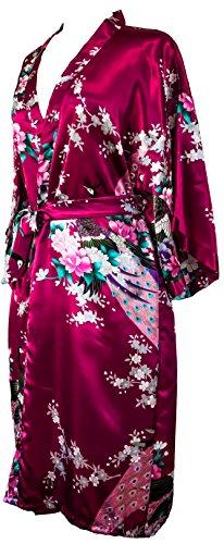 Kimono Robe Long 16 Colors Premium Peacock Bridesmaid Bridal Shower Womens Gift (Burgundy Red)