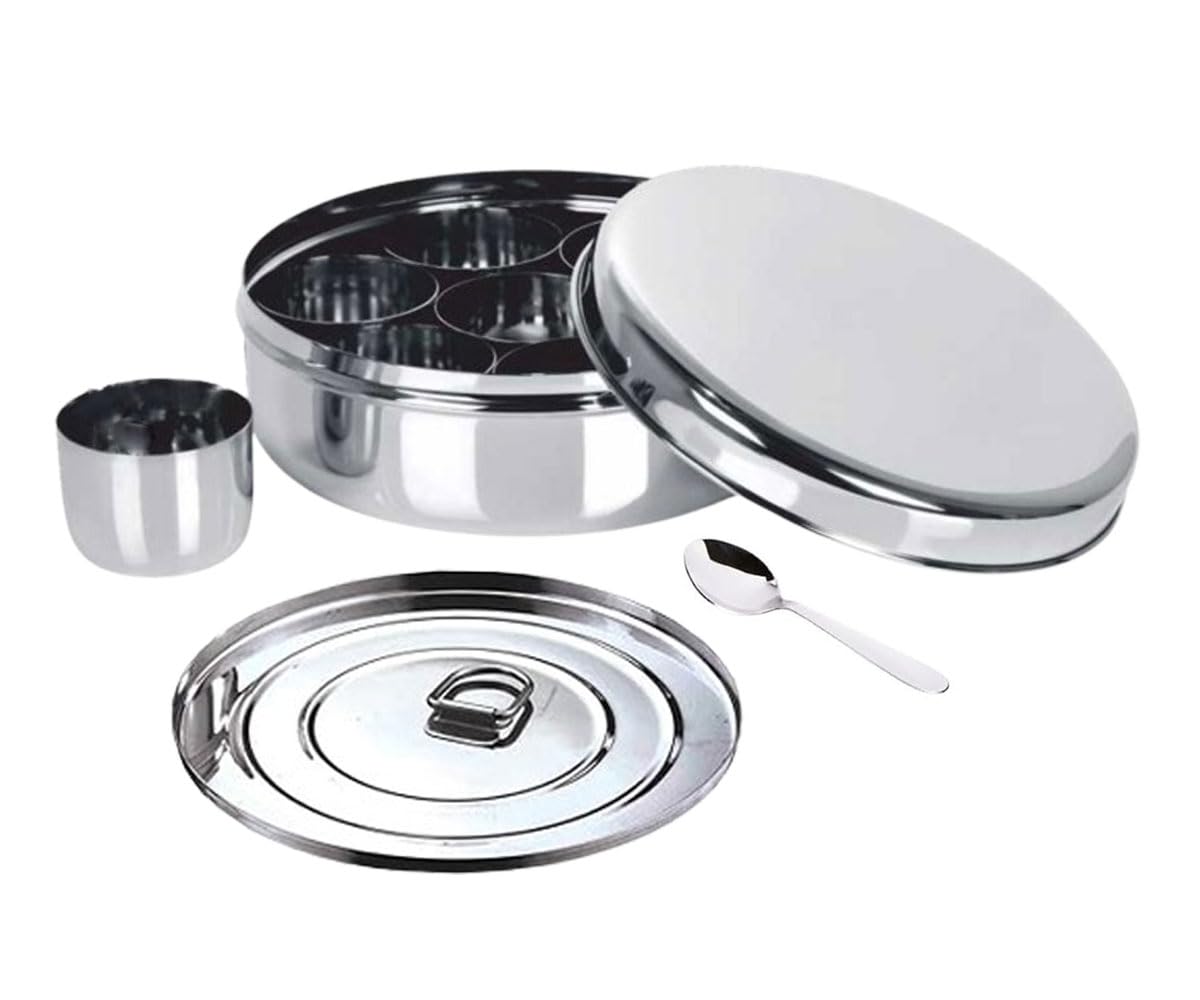 Scatola portaspezie in acciaio inox con doppio coperchio, 7 contenitori per spezie, 1 coperchio interno e 1 cucchiaio, scatola portaspezie per cucina, Masala Dabba - Misura n. 12