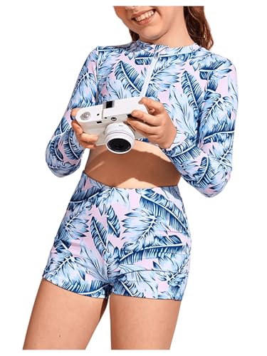 Image of SHENHE Girl's 2 Piece Tropical Print High Waisted Long Sleeve Bikini Swimsuit Bathing Suit Multicolor 9Y