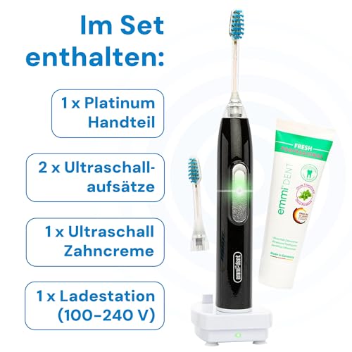 emmi-dent Ultraschallzahnbürste mit 96 Mio. Schwingungen– Sanfte elektrische Zahnbürste ohne Schrubben – Für empfindliche Zähne – Reisezahnbürste mit Zahncreme - Metallic Black Diamond