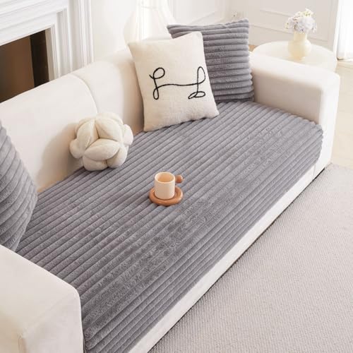 Image of HOMETHREADS 600GSM Thick & Soft Rabbit Fur Plush Sofa Cover-Luxurious Cozy Slipcover, Washable & Pet-Friendly, Anti-Scratch Protector for Sofas (Faux Linning Grey, 1 Seater | 70x70cm)