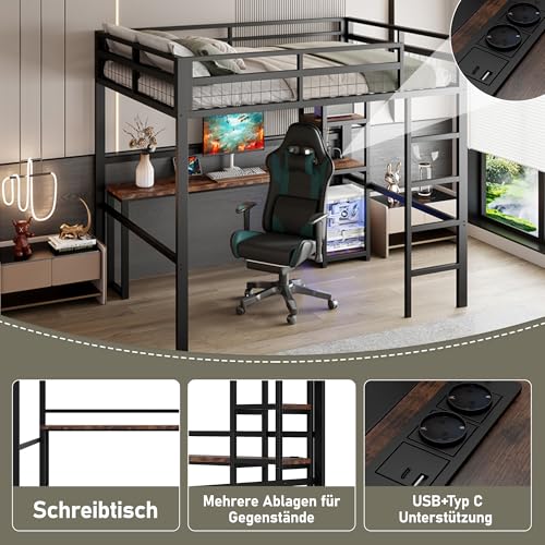 Merax Hochbett aus Metall, 140 x 200 cm, mit Schreibtisch und mehrere Einlegeböden, Steckdose, USB und Type-C - Bettgestell mit Lattenrost(ohne Matratze) für Kinder/Erwachsene, Schwarz – Bild 5