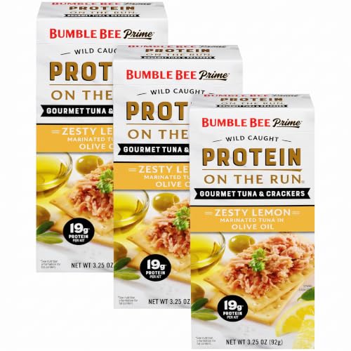 Bumble Bee Prime Protein on the Run Tuna Snack Kit - Gourmet Tuna Marinated in Olive Oil &amp; Zesty Lemon with Crackers and Serving Utensil - 19g of Protein Per Serving (Pack of 3), Easy Open Cans