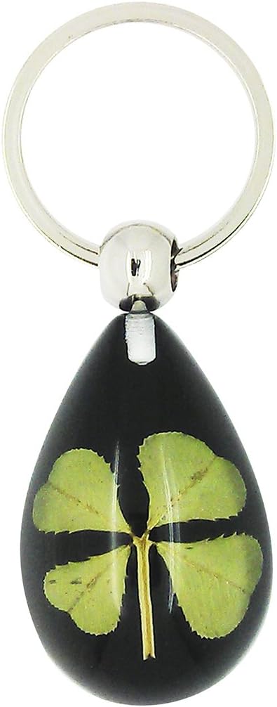 Celtic Lucky Real 4 Four Leaf Clover Good Luck Black Keyring with Gift Box & Guarantee