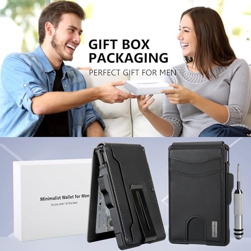 umoven Wallet for Men - with Money Clip Slim Leather Slots Credit Card Holder RFID Blocking Bifold Minimalist Wallet (Dark Black)