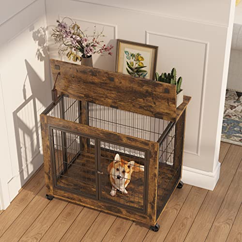 Hundebox Möbelstil Holzkennel Tisch Hundehütte Innenbereich mit Doppeltür aufklappbarem Dach Rollen Vintage braun 80x56x69.5cm-3