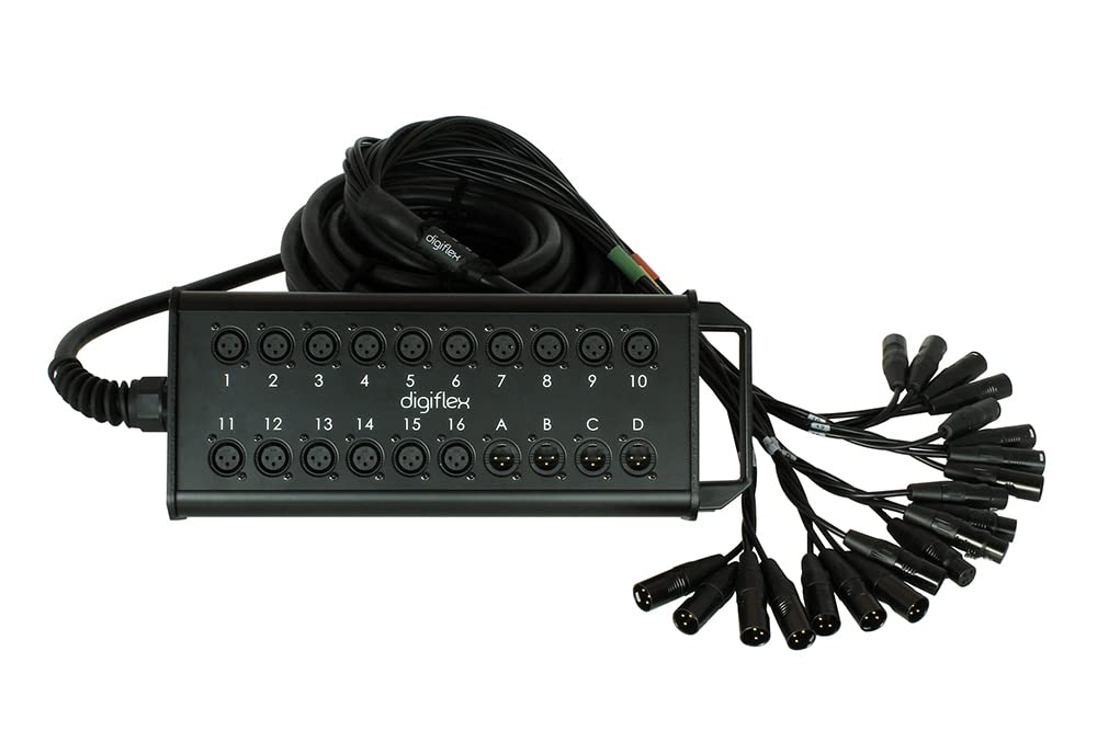 Digiflex HE16-4X-75 stage box with 16 XLR female inputs and 4 XLR male returns, labeled 1-16 and A-D respectively.