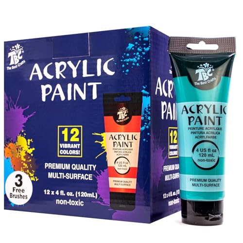 TBC Acrylic Paint Set - 12x120ml Professional Artist Paints with 3 Brushes | Non-Toxic Waterproof Acrylic Paints for Canvas, Wood, Outdoor Crafts | Art Supplies for Artists & Beginners (12 Tubes)