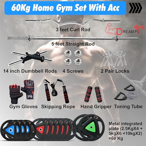 Image of DREAM FIT Rubber Coated Metal Integrated Weight Plates 60Kg Professional Home Gym Combo with 23mm 3ft curl rod, 23mm 5ft straight rod, 1 pair dumbbell rods with steel nuts and gym accessories (60kg set)