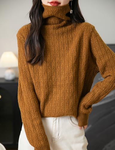 Women's 100% Merino Wool Turtleneck Sweater 2025 Fall Winter Casual Long Sleeve Warm Soft Cable Knitted Sweater3