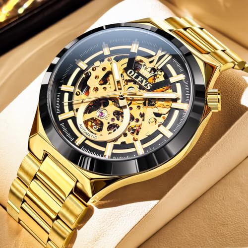 Image of OLEVS Mens Skeleton Watches Automatic Self Winding Mechanical Designer Luxury Dress Stainless Steel Waterproof Original Wrist Watches for Men