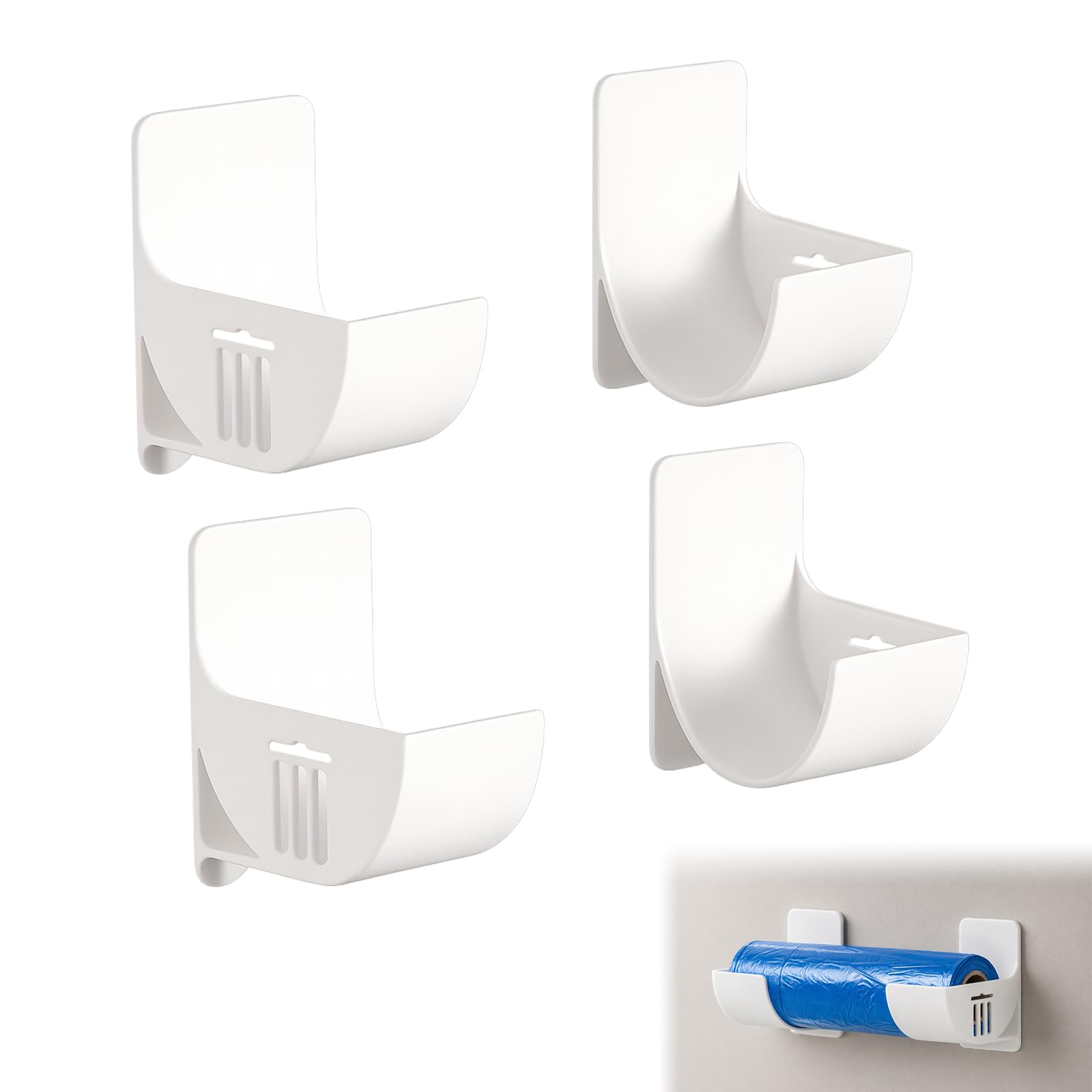 MEKEET 4 Pairs Bin Bag Holder White Cling Film Holder Self Adhesive Foil and Wrap Organiser Wall Mounted Plastic Bag Holders No Punching Garbage Bags Dispenser for Tin Foil Cling Film Trash Bags
