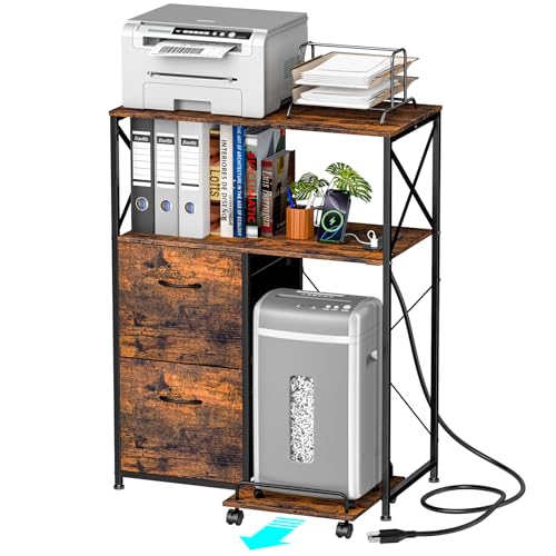 Vestibk Printer Stand for Home Office, 31.5 x15.7 x 40 Inches Large Mobile Printer Table with Adjustable Storage Shelf, 2 Drawer File Cabinets Rolling Cart with Wheels for Host Computer - Rustic Brown