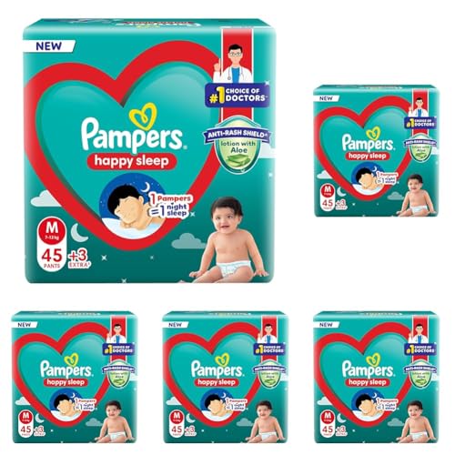 Image of Pampers Happy Sleep Pant Style Baby Diapers, Medium (M), 48 Count, 1 Pampers : 1 Night Sleep, with Anti Rash Shield, 7-12 Kg Diapers (Pack of 5)