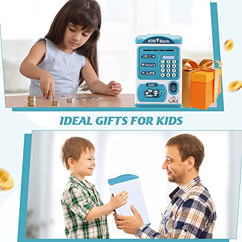 Image of Electric ATM Piggy Bank for Kids with Password Protection and Finger Sensor, Auto Roll Money Notes - Blue, Modern