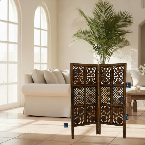 Image of Wooden Room Partition Screen with Burnt Wood Finish | Hand Buffed Traditional Handicraft Room Divider | 6 Ft Height Indoor Room Separator (2 Panel 4 Feet)