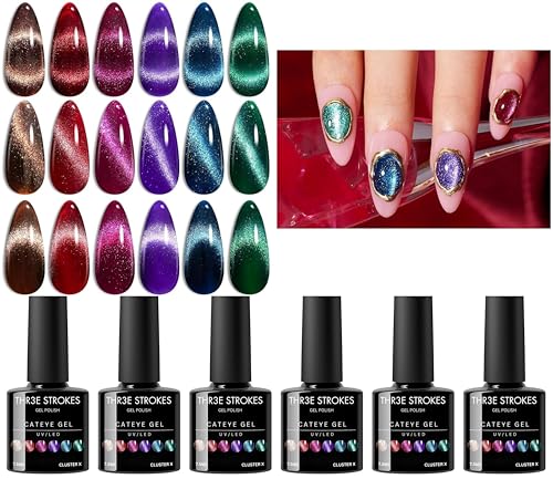 Image of THR3E STROKES Cat Eye Gel Nail Polish Set for Pink Brown Glitter Holographic Cat Eye, Salon Gel Manicure and Nail Art DIY at Home, Bright Moonlight (CLUSTER X)