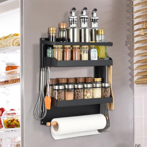 OTraki Étagère à Épices Etagere Magnetique Frigo, Cuisine Charge Maximale 8 Kg sans Perçage Etagere De Rangement 2 Niveaux avec Porte-Rouleau...