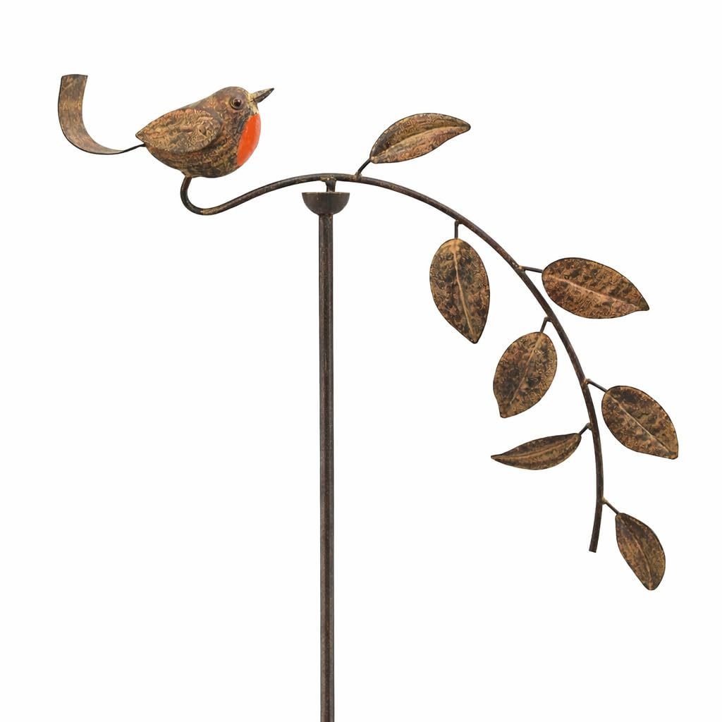 Berpar Brown Rusty Robin Garden Stake Spinner – Metal Balancer Outdoor Ornament With Moving Robin – Vintage Garden Decor For Borders, Lawns & Patios - 1.28M Long Decoration