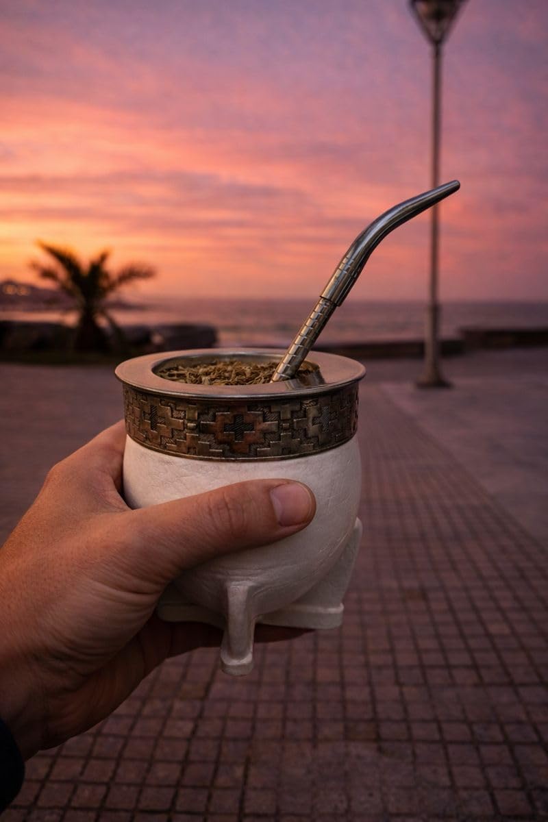 Yerba Mate Cup Set with Straw (Bombilla), Imperial Argentina-Style Mate Cup with Calabash Interior, White Leather Wrap, Alpaca Silver Band and Steel Rim, Handmade Argentino Craft (Geometric Band)