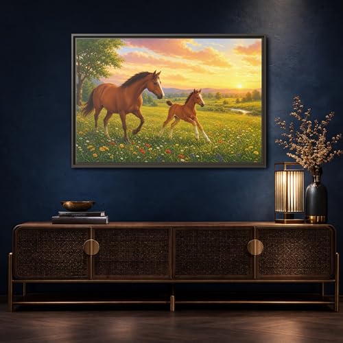 Tableau chevaux marron et or pour corriger le manque de luminosité d'un mur