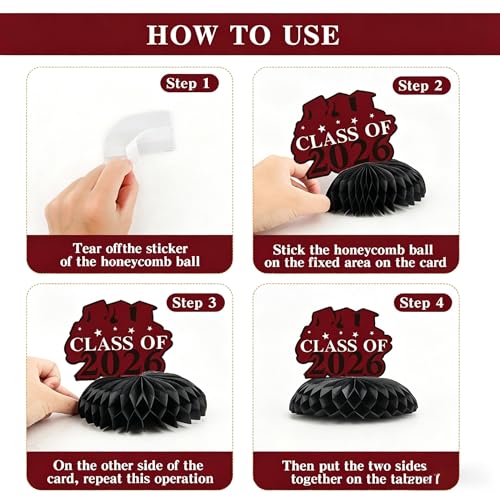 Image of Graduation Decorations 2026, 10PCS Graduation Centerpieces for Table Maroon Black Graduation Party Decorations Class of 2026 Congrats Grad Honeycomb Centerpieces Table Decor Graduation Party Supplies