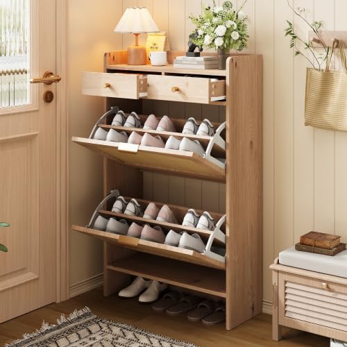 Armadio Scarpe 65cm Rattan, 2 ribaltabili, 2 cassetti, Legno