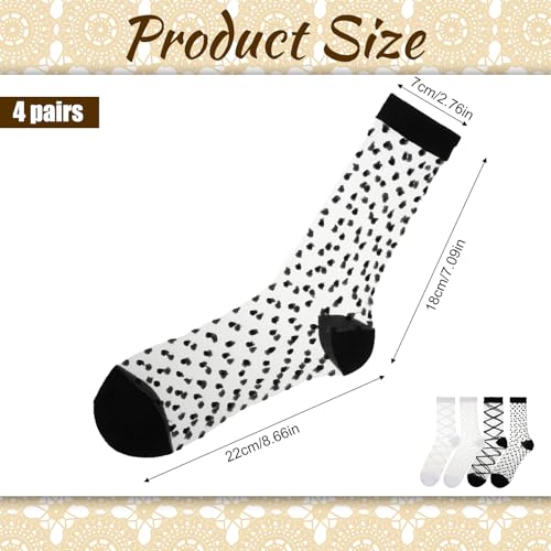 4 Pairs Sheer Socks Women, Summer Checkered Dot Striped Plaid Ankle Sheer Socks, No-Pilling Silk Breathable Transparent See-Through Sockings2