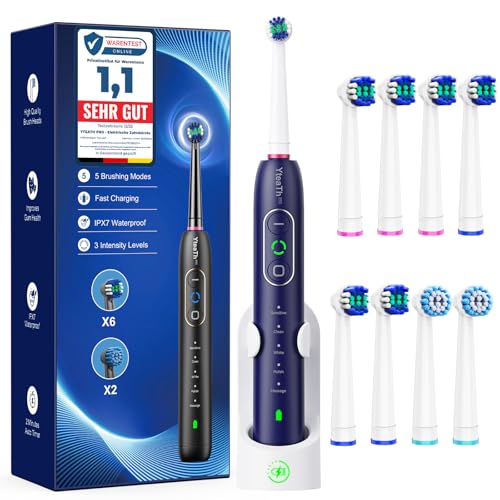 Cepillo de Dientes Eléctrico de Rotación para Blanqueador Dental - Cepillo Eléctrico Adultos 3 Intensidades, 5 Modos, 8 Cabezales, IPX7 Impermeable, Cepillo Dientes Electrico Viaje Recargable, Azul