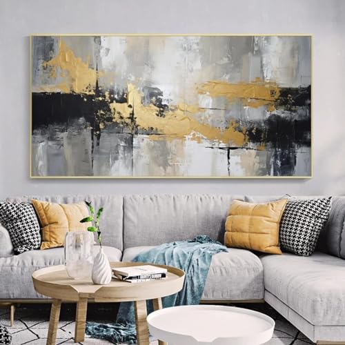 Peinture abstraite or noir de haute qualite sur toile avec cadre elegant 70x140 cm