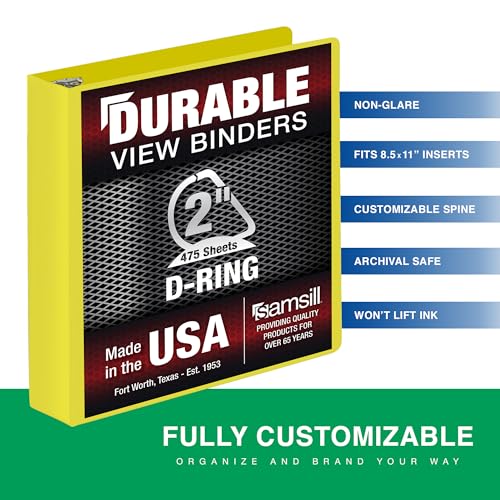 Image of Samsill Durable 2 Inch Binder, D Ring Binder, Customizable Clear View Cover, Lemon Yellow, Holds 475 Pages