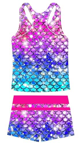 Image of UNIFACO Girls Swimsuits Two Piece Tankini Bathing Suits Boyshort Summer Beach Rash Guard Swimwear for 4-13T