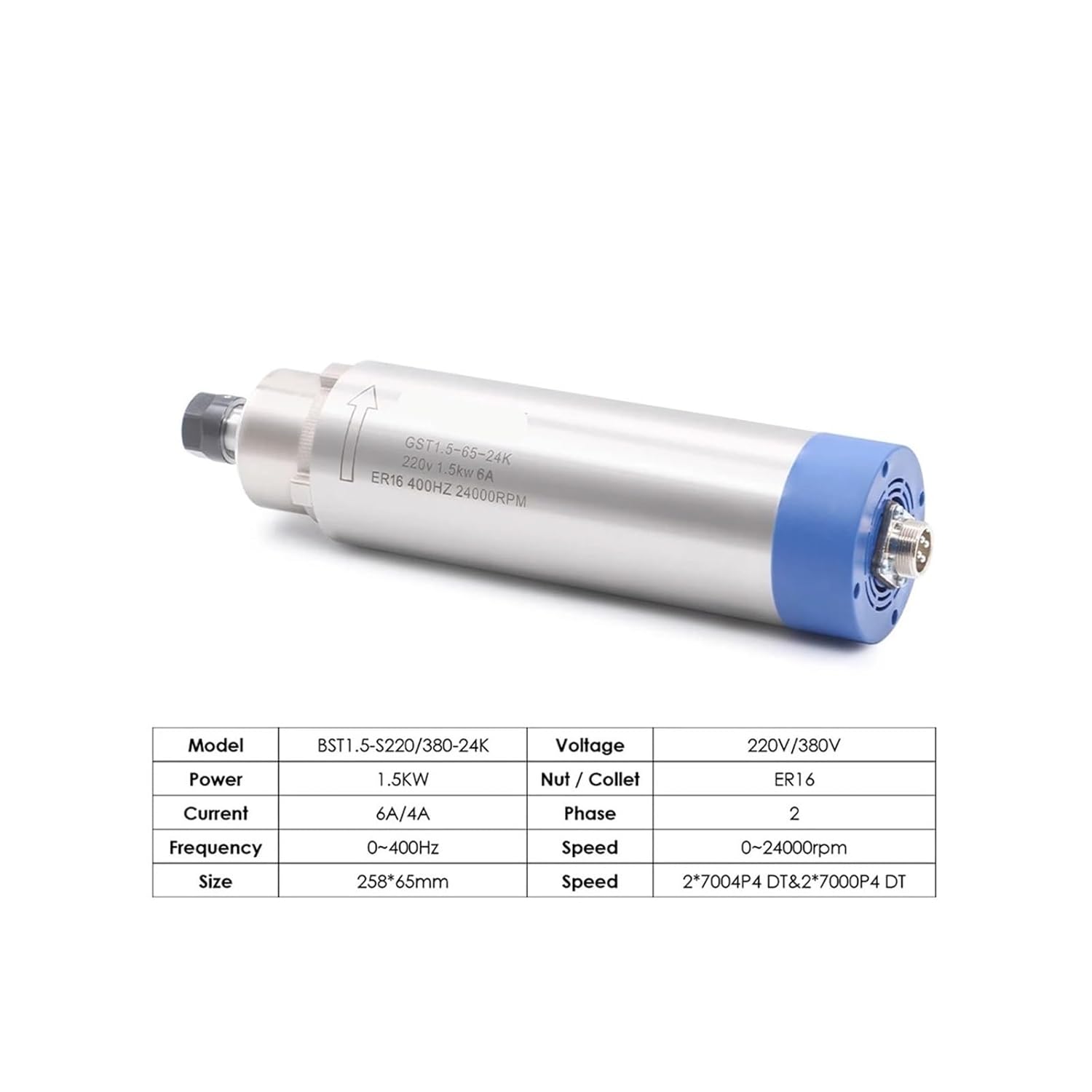 Air-Cooled Spindle Motor 1.5k ER16 D=65mm 110v/220v Air-Cooled for Woodworking 65x258mm 4 Bearings(110V)