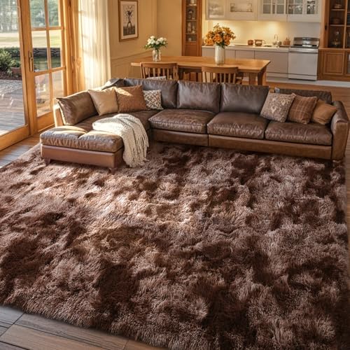 9x12 Area Rugs for Living Room Brown Fluffy Fur Bedroom Rug,Rustic Plush Non-Slip Dark Carpet for Book Room Office,Coffee Stain Resistant