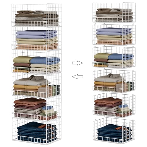 Yociyoga 6-Tier Stackable Closet Organizers and Storage Shelves, Closet Shelf Organizer Basket Bins, Foldable Sweater Storage for Closet Organizer System, White(Patent Pending)