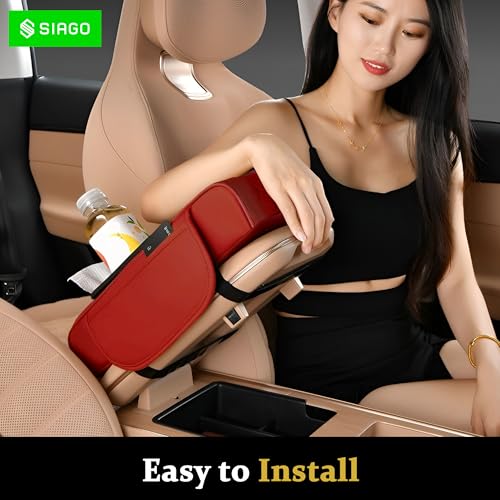 Image of SIAGO SIA399 Premium Car Armrest Cover | 5-in-1 Center Console Organizer with Cup Holder, Phone Slot, & Storage Bags | Anti-Slip PU Leather Cushion for Sedans & SUVs (Red)