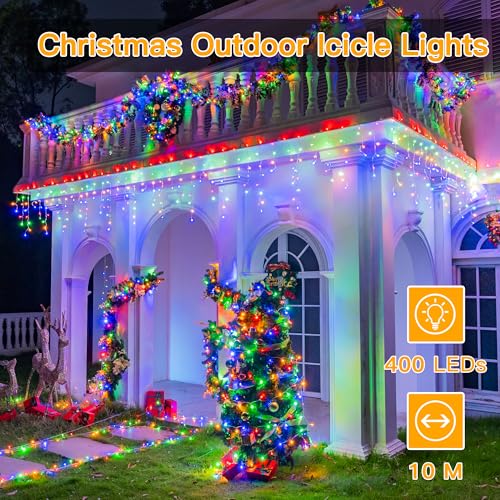 Ollny Icicle Outdoor Christmas Lights, 10M 400LED Waterproof Hanging Fairy Lights Multicoloured String Light, Plug/Remote/8 Modes/Timer/Connectable, Lighting Outside Gutter House Roof Xmas Decorations