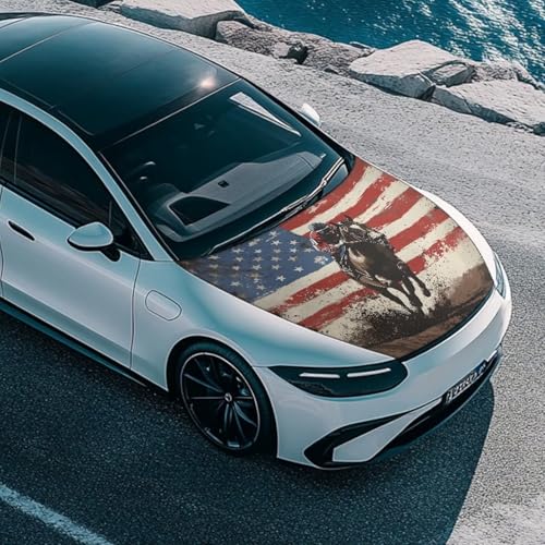 Image of Car Hood Cover Protector Stretchable Auto Hood Wrap Blankets Waterproof American Flag Horse Racing Print Auto Exterior Accessories for Compact Sedans SUV Trucks Vans