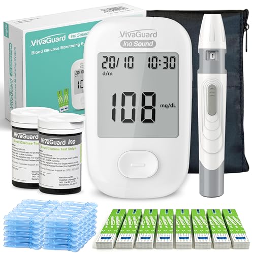 VivaGuard Talking Blood Glucose Monitor Kit, 100 Glucometer Strips & 100 Lancets, 1 Blood Sugar Monitor, 1 Lancing Device, Diabetes Testing Kit for Seniors and Home Use with Travel Case, No Coding