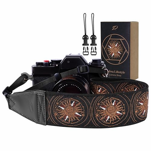 Image of Padwa Lifestyle Brown Sun God Camera Strap - 2 inch Full Grain Leather Ends Camera Straps for Photographers, Vintage Embroidered Cotton Soft Suede Fabric Padded Strap Quick Release fits All Cameras